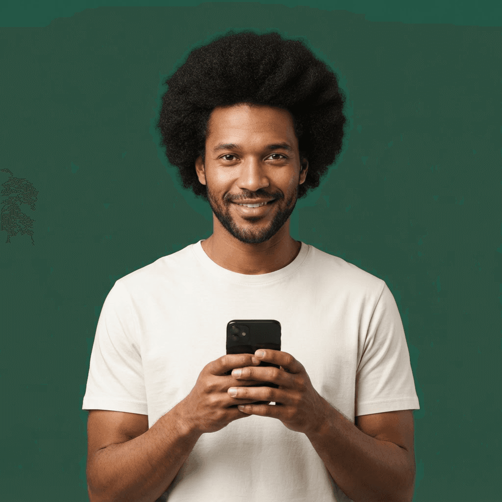 Homem negro com cabelo black usando o celular