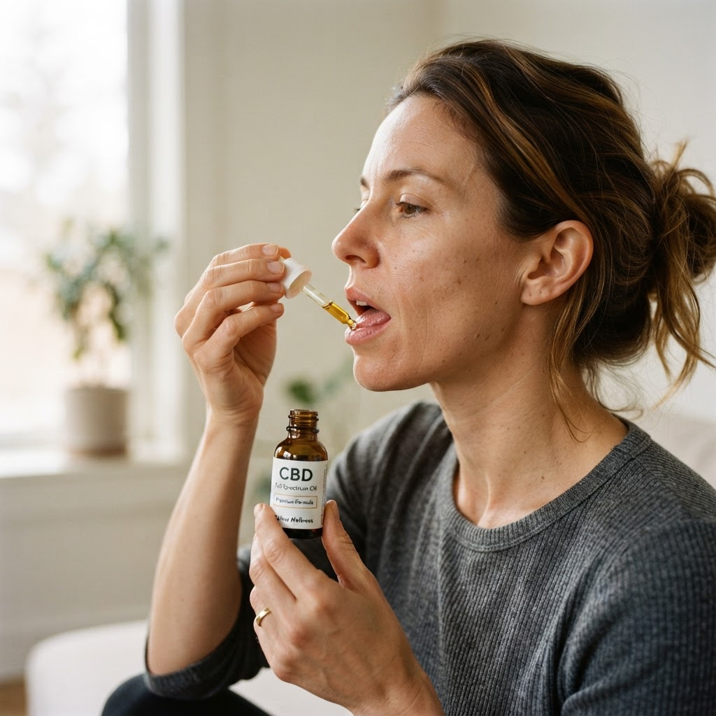 Mulher utilizando óleo de cannabis medicinal
